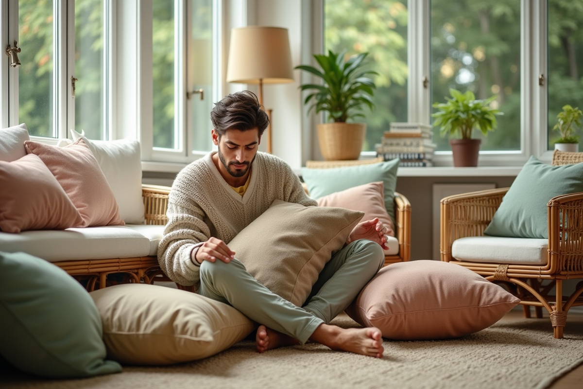 Jeune homme choisissant des coussins dans un sunroom lumineux