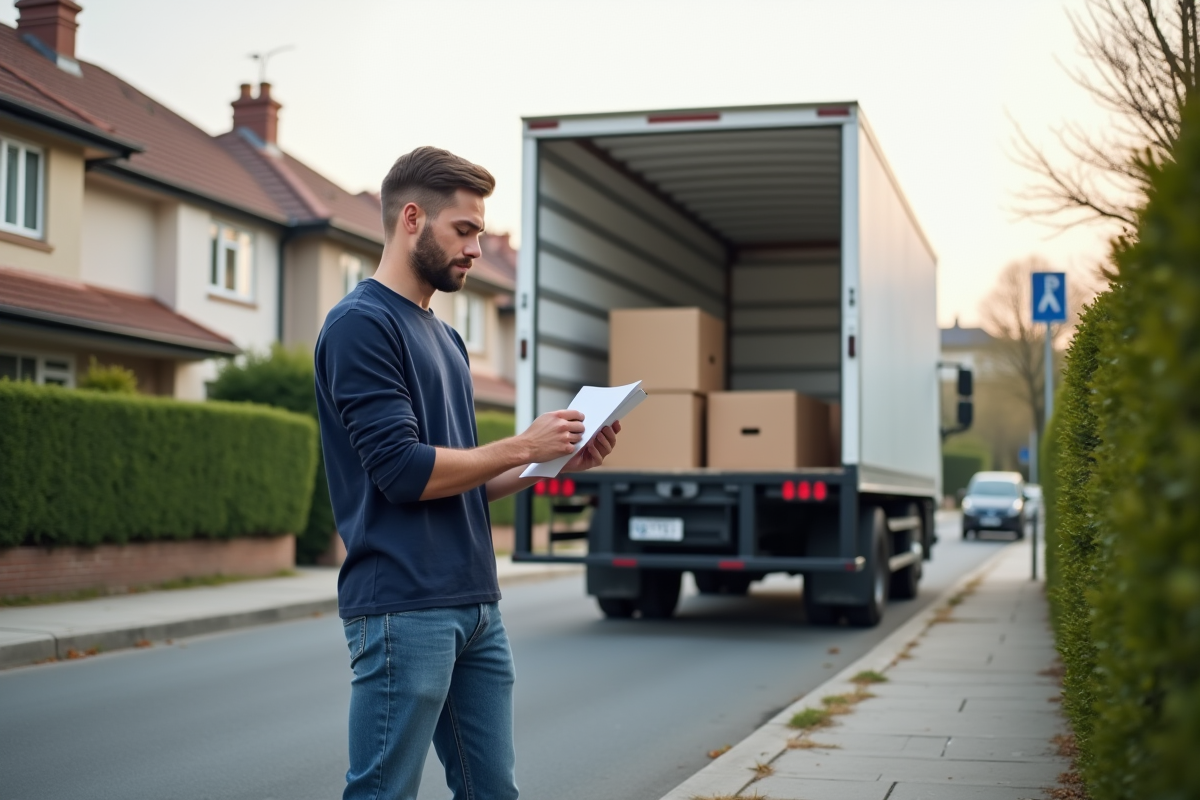 Jeune homme en jeans consulte papiers près d'un camion de déménagement