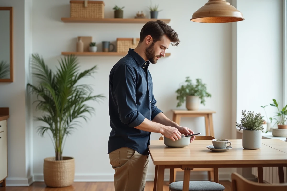 Jeune homme arrangeant la d&eacute;coration sur une table dans un studio
