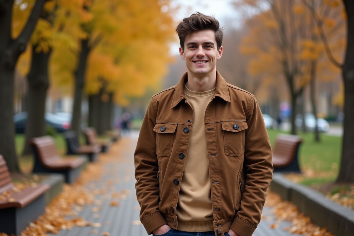 Jeune homme en veste marron dans un parc en automne