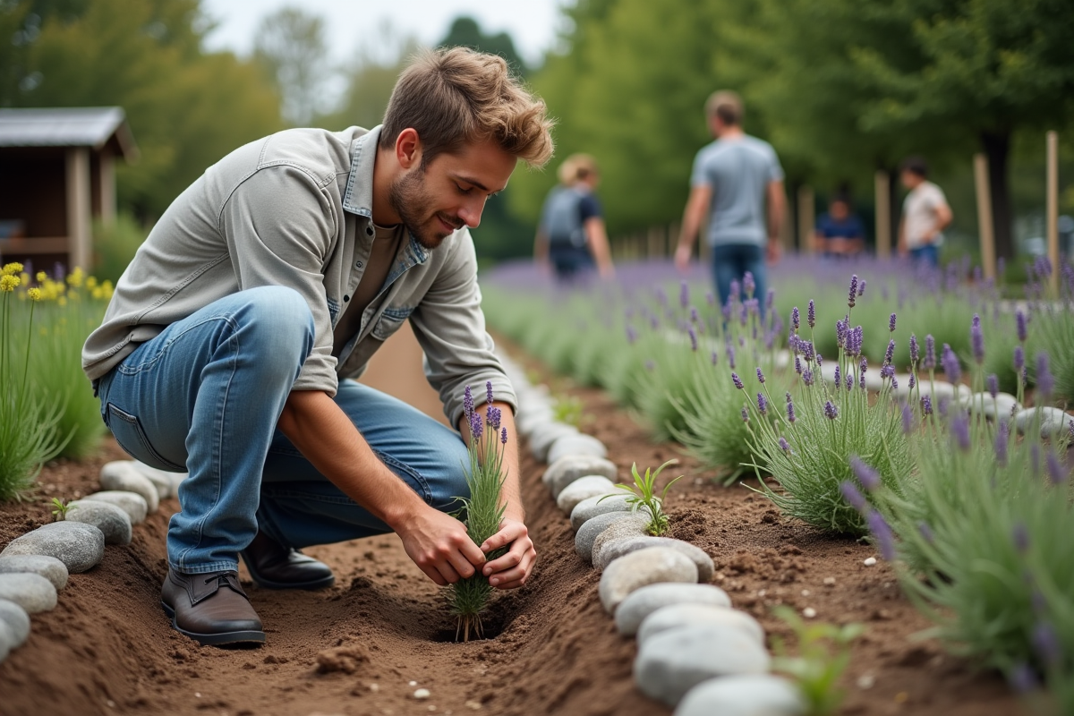 Jeune homme plantant une lavande dans un jardin communautaire