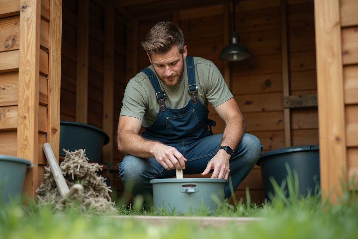 Jeune homme inspectant une trappe à insectes dans le jardin
