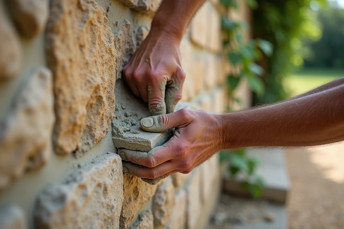 Mains de maçon appliquant un joint en mortier de chaux sable sur mur en pierre calcaire de maison ancienne