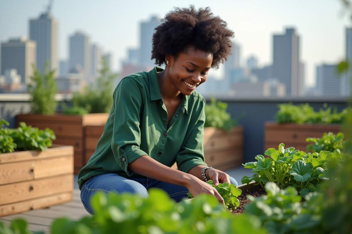 Jeune femme noire cultivant des légumes en jardin urbain