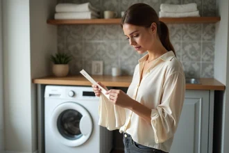 Femme lisant l'étiquette de symboles d'essorage sur un chemisier en soie devant un lave-linge moderne