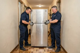 Deux livreurs professionnels en uniforme transportant un grand réfrigérateur en acier inoxydable dans un couloir d'appartement étroit