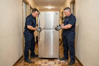 Deux livreurs professionnels en uniforme transportant un grand réfrigérateur en acier inoxydable dans un couloir d'appartement étroit