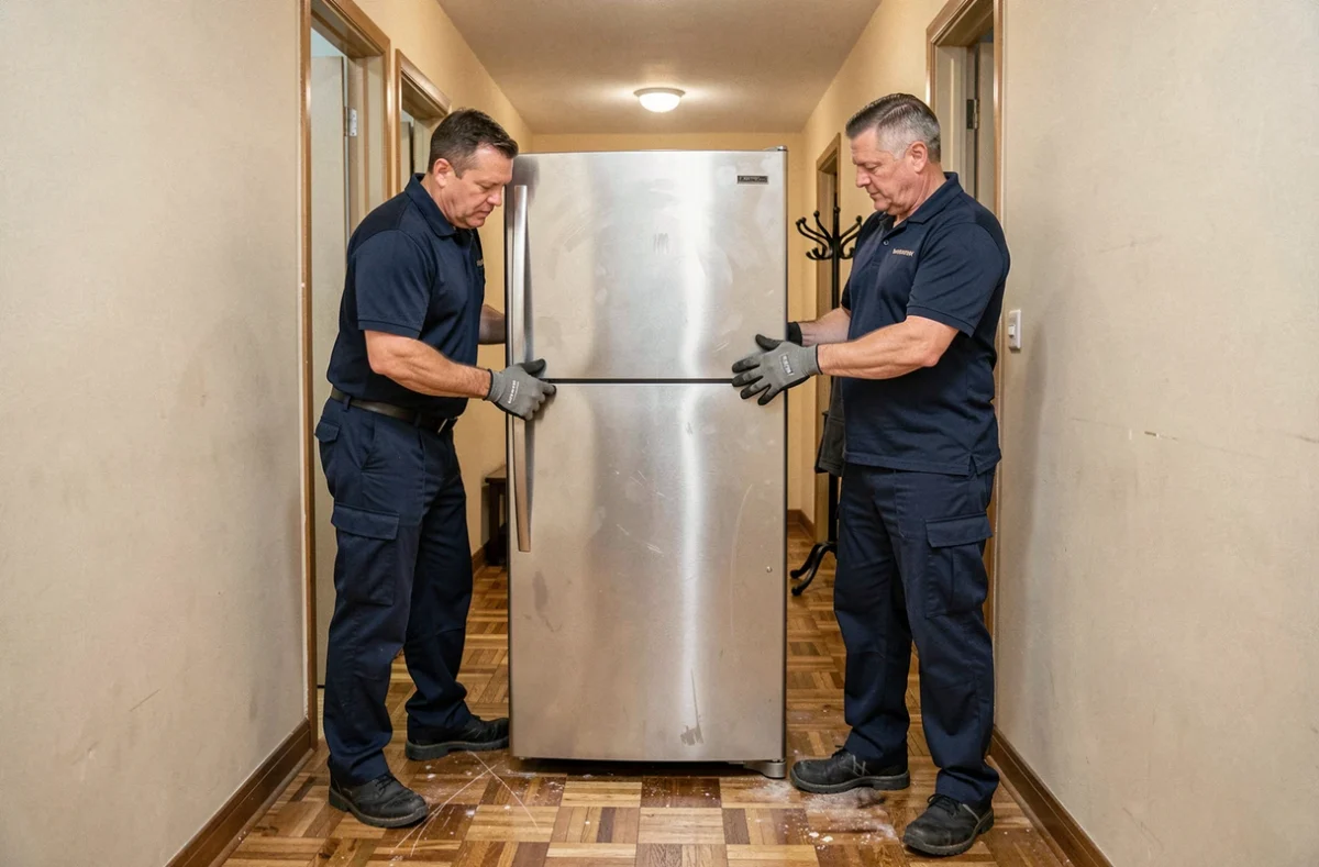 Deux livreurs professionnels en uniforme transportant un grand réfrigérateur en acier inoxydable dans un couloir d'appartement étroit