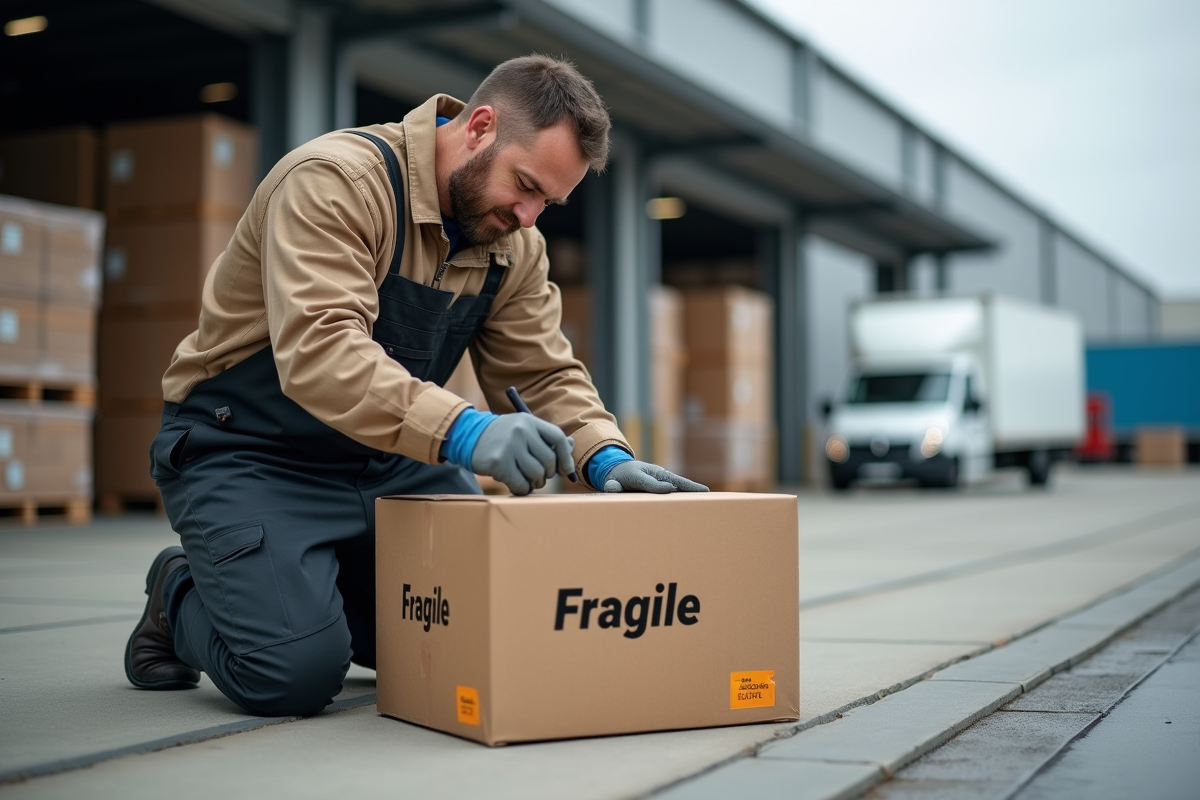 Livreur marquant un colis fragile sur un quai de chargement extérieur