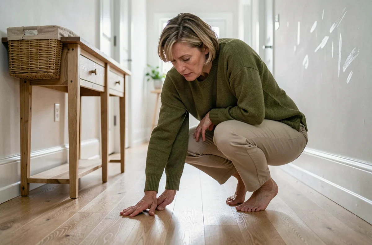 Femme appuyant sur une lame de parquet en pin pour localiser la source d'un grincement dans un couloir