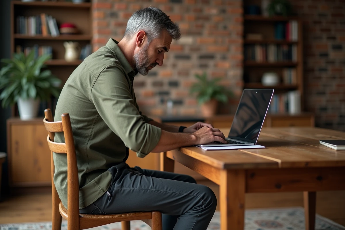 Homme en mauvaise posture sur une chaise mal adaptée à sa morphologie dans un intérieur domestique