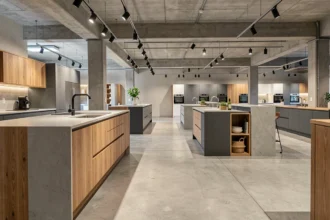 Vue panoramique d'un showroom de cuisinistes à Strasbourg avec plusieurs modèles de cuisines exposés