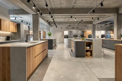 Vue panoramique d'un showroom de cuisinistes à Strasbourg avec plusieurs modèles de cuisines exposés