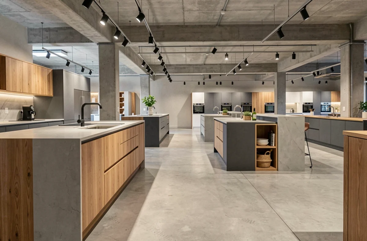 Vue panoramique d'un showroom de cuisinistes à Strasbourg avec plusieurs modèles de cuisines exposés