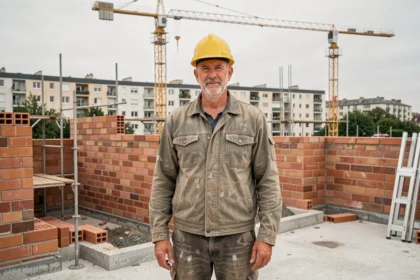 Maçon professionnel sur un chantier de construction en Seine-Saint-Denis avec échafaudages et murs en briques