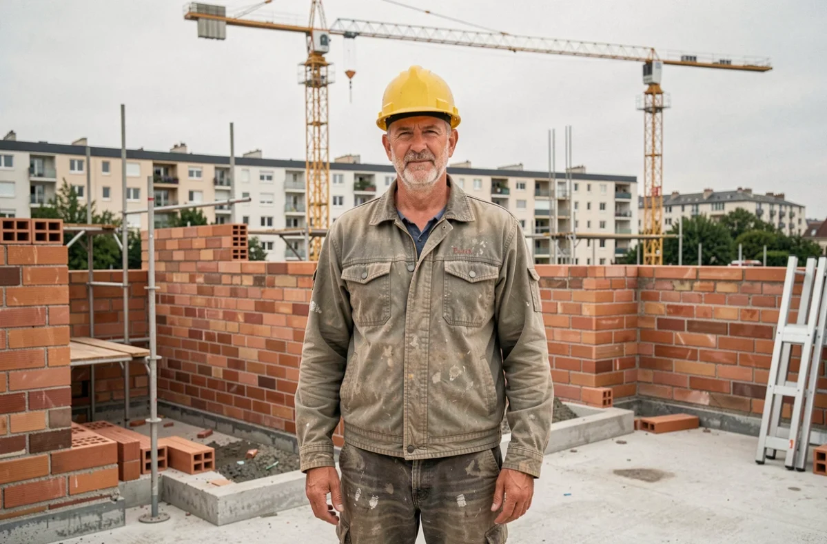 Maçon professionnel sur un chantier de construction en Seine-Saint-Denis avec échafaudages et murs en briques