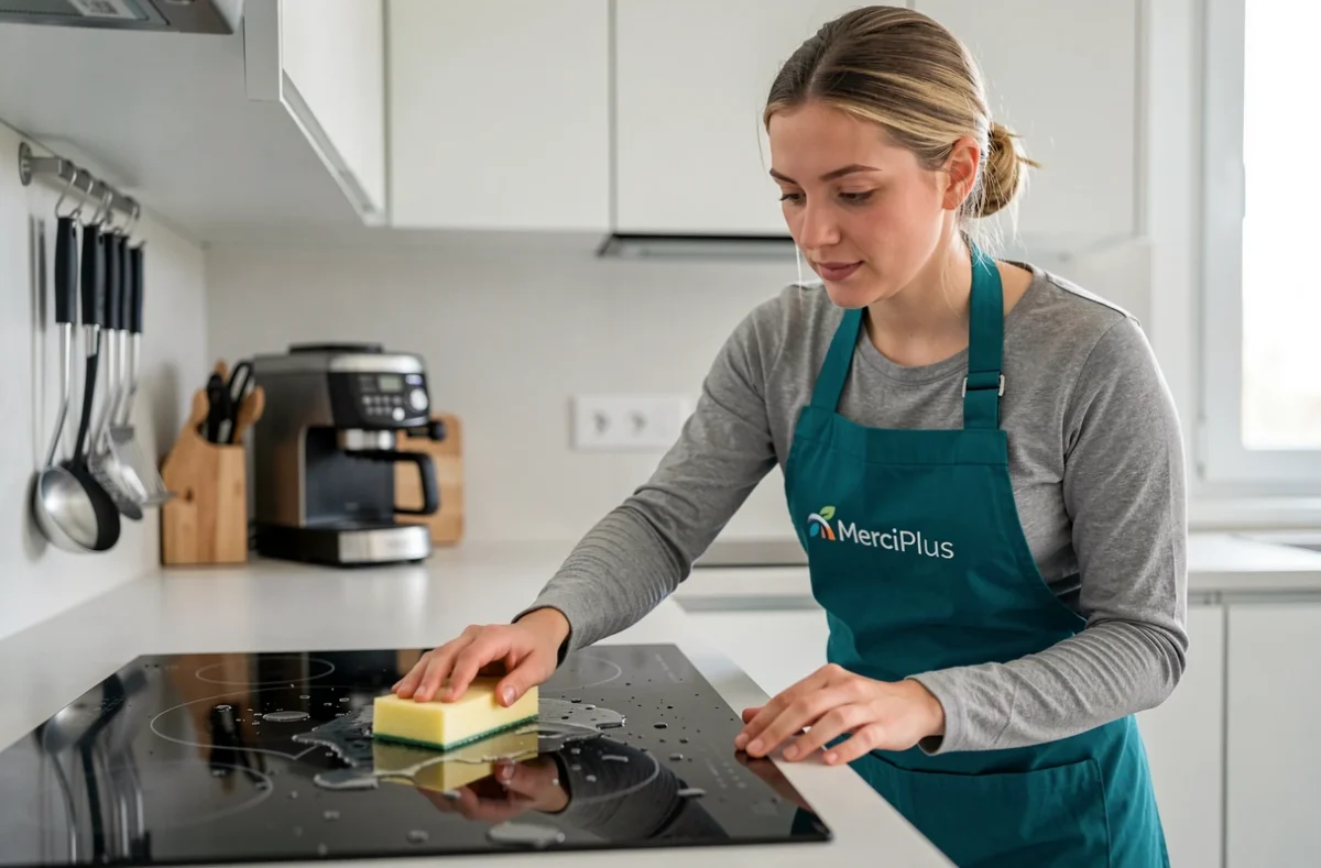 Experte MerciPlus nettoyant une plaque de cuisson dans une cuisine du 93