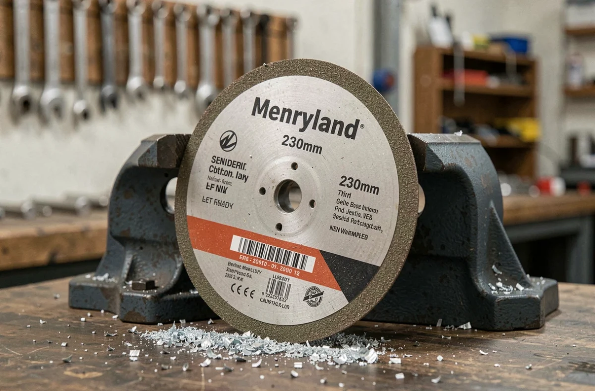 Disque à tronçonner Merryland 230 mm version standard appuyé contre un étau sur un établi d'atelier