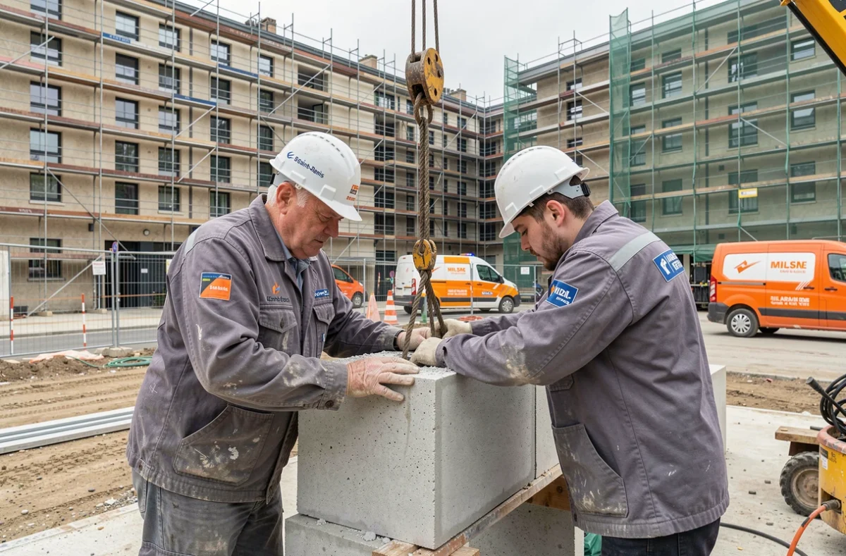 Deux maçons de MGRA De Azevedo Et Fils travaillant ensemble sur un chantier de rénovation urbaine en Seine-Saint-Denis