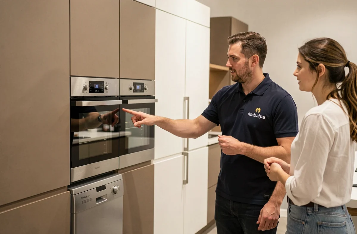 Showroom Mobalpa Strasbourg présentant une cuisine modulable en taupe et blanc mat avec électroménager intégré et conseiller expliquant les options