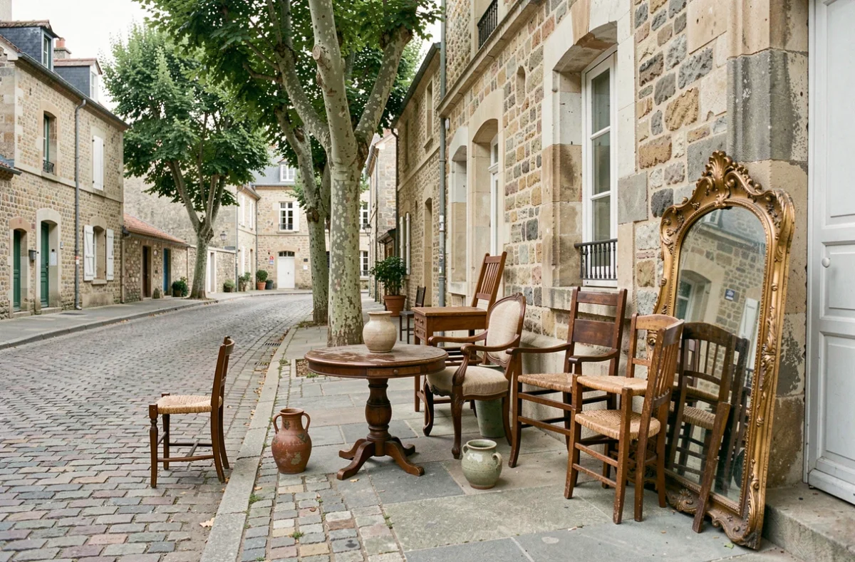 Mobilier ancien et objets de décoration disposés devant une maison française lors d'un débarras gratuit
