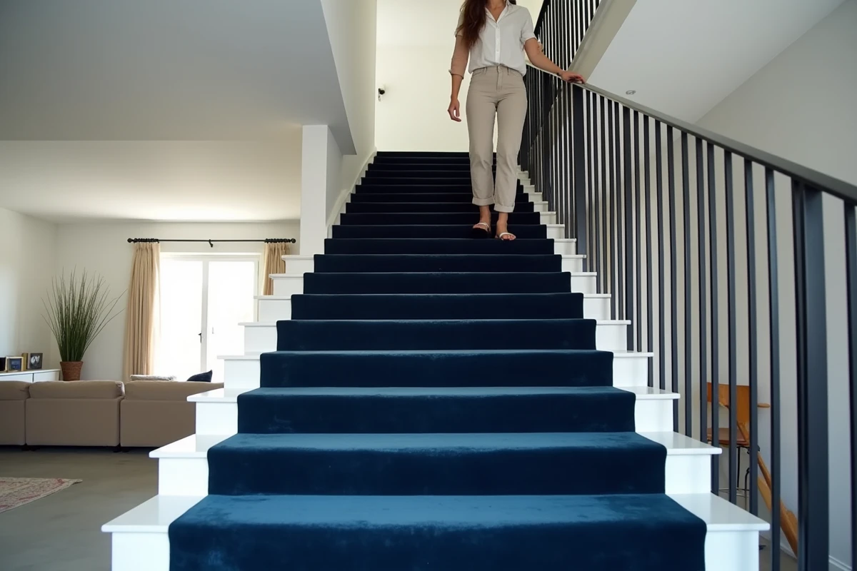 Vue d'ensemble d'un escalier contemporain avec moquette velours bleu marine sur chaque marche, risers blancs et balustrade noire, dans un intérieur ouvert.