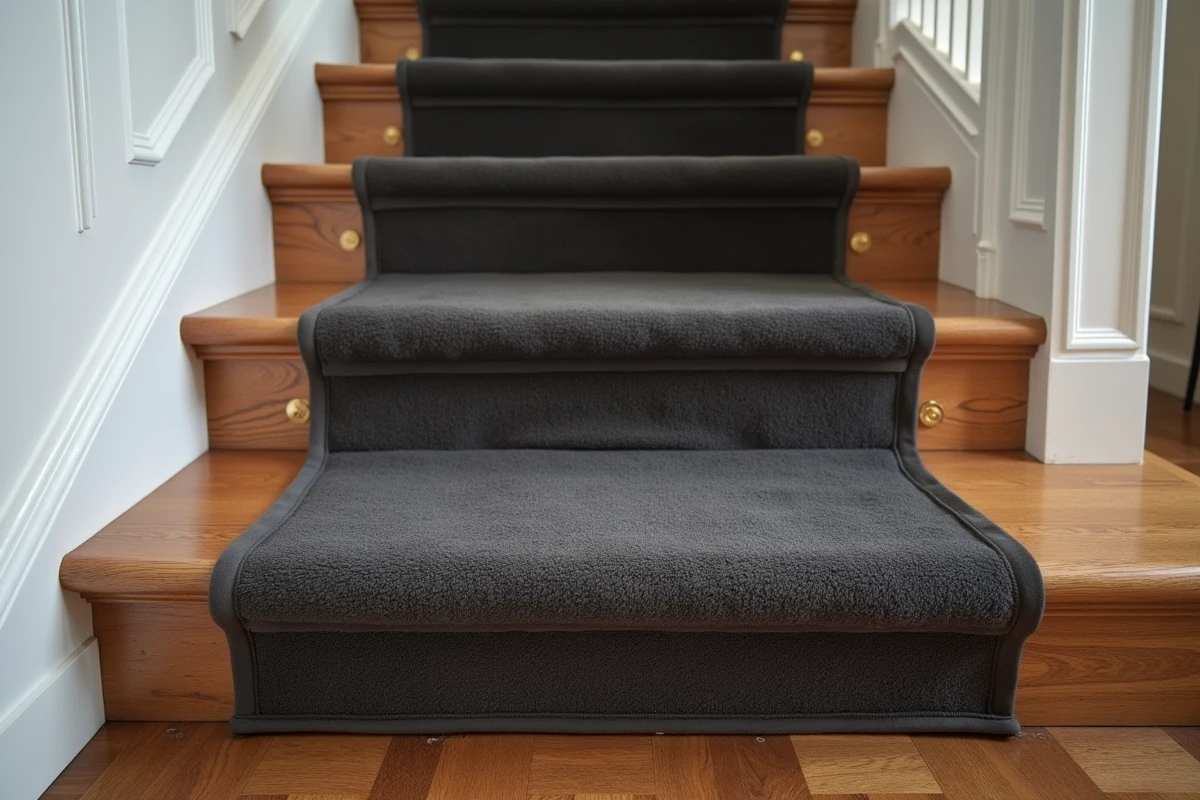 Escalier rénové avec une moquette grise anthracite posée sur chaque marche en bois, fixée par des tringles dorées, dans un appartement haussmannien.