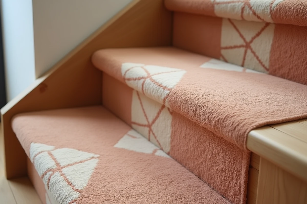 Gros plan sur une marche d'escalier recouverte d'une moquette à motif géométrique terracotta et crème dans une maison scandinave moderne.