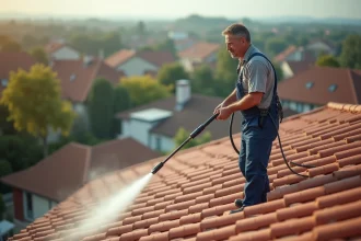 Homme en overalls nettoyant un toit à pression