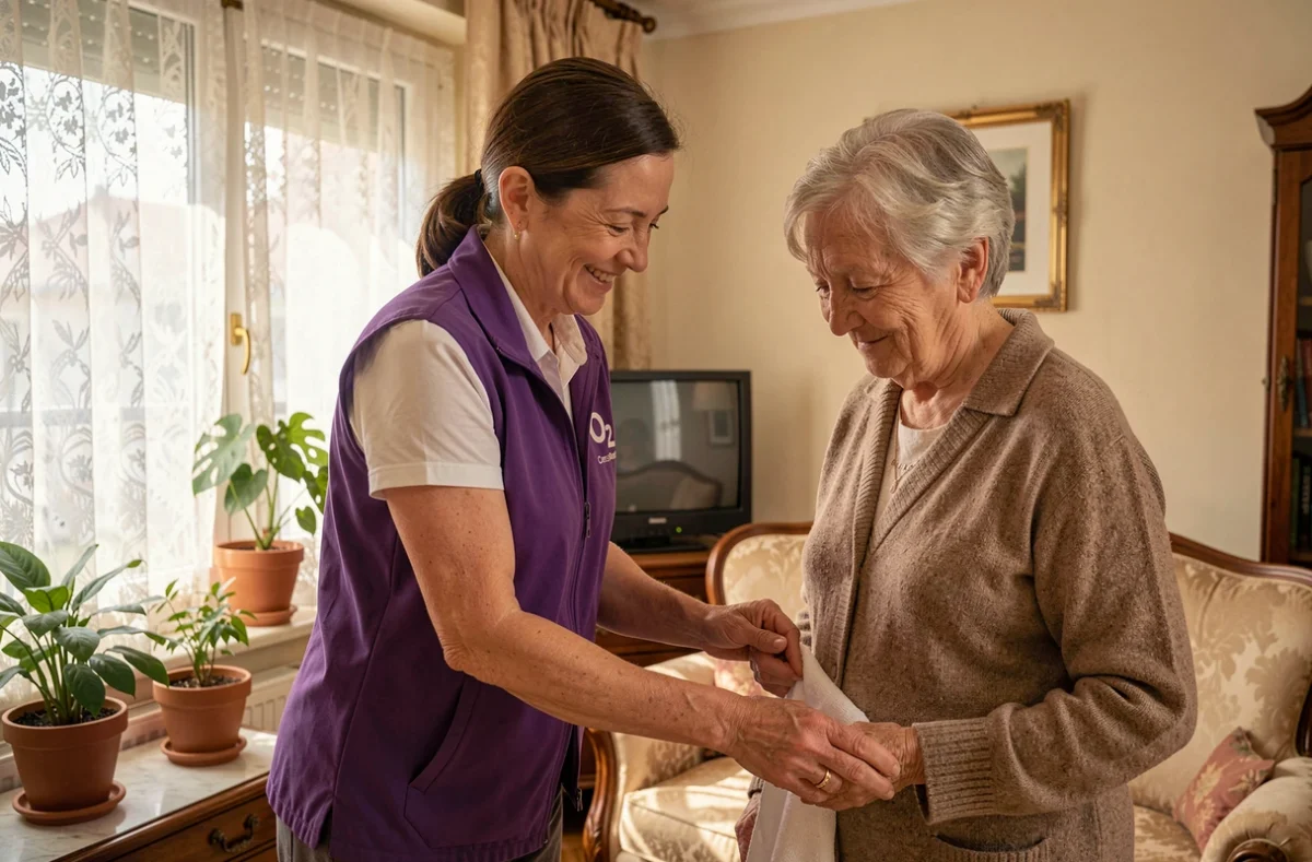 Aide à domicile O2 Care Services accompagnant une personne âgée dans son appartement