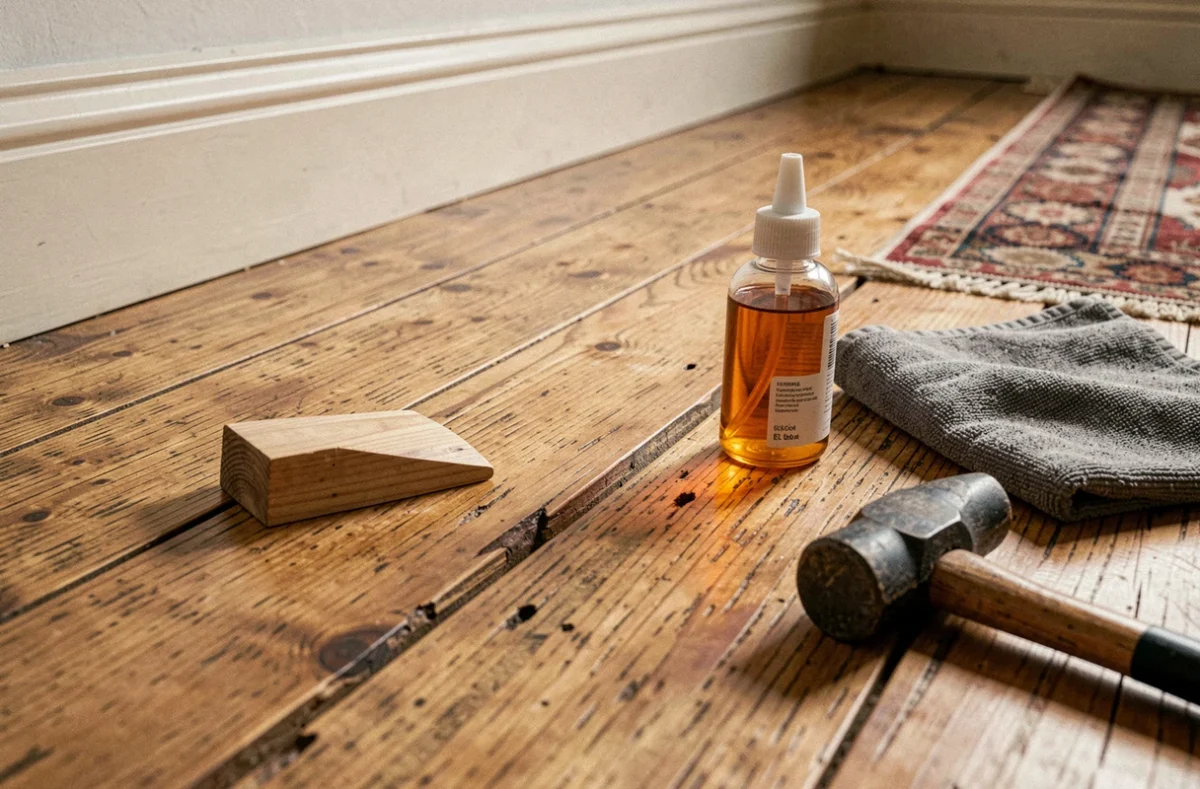Gros plan sur les outils de réparation d'un parquet qui grince : colle, cale en bois et maillet posés sur le plancher