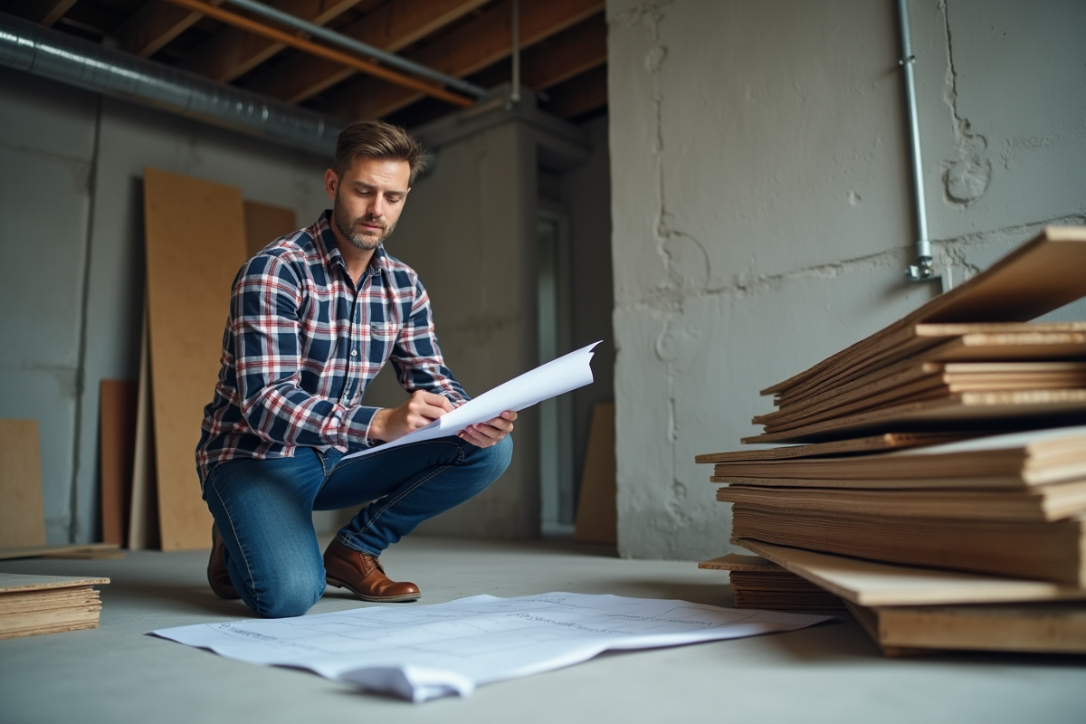 Ouvrier en jeans et chemise à carreaux dans un sous-sol en construction
