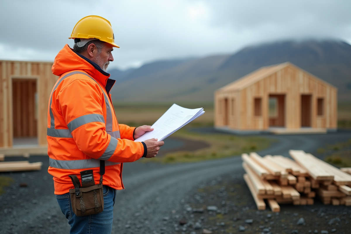 Ouvrier islandais inspectant des plans de construction en extérieur
