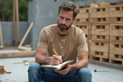 Ouvrier en jeans prenant des notes sur un chantier