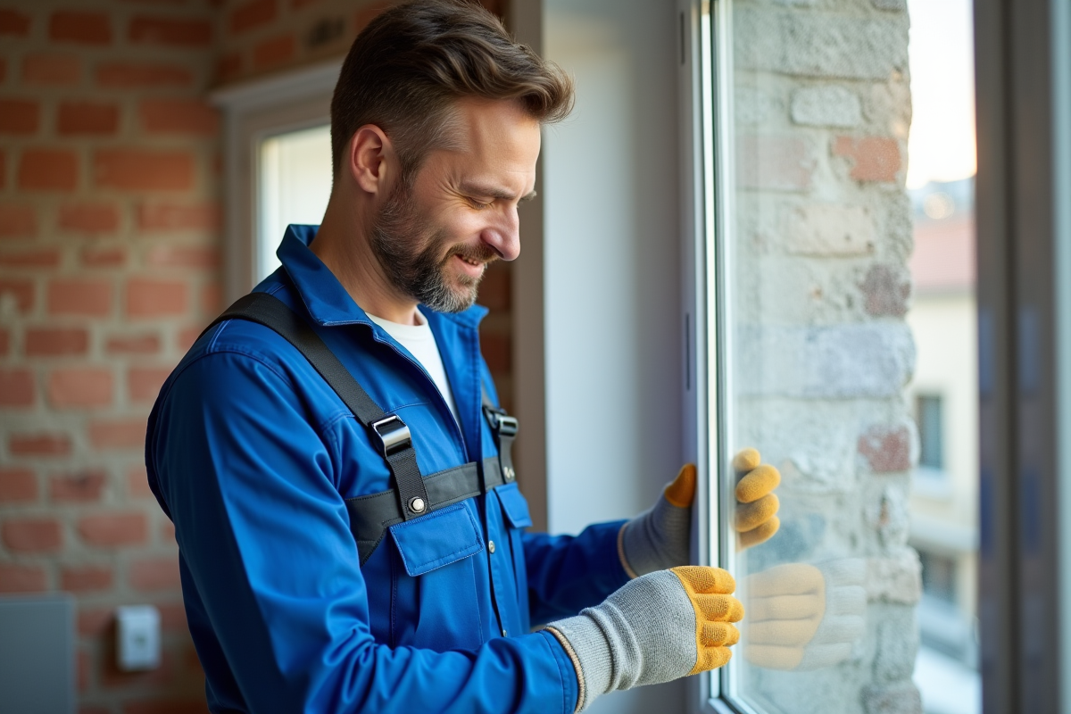 Ouvrier en overalls appliquant du ruban isolant sur une fenêtre