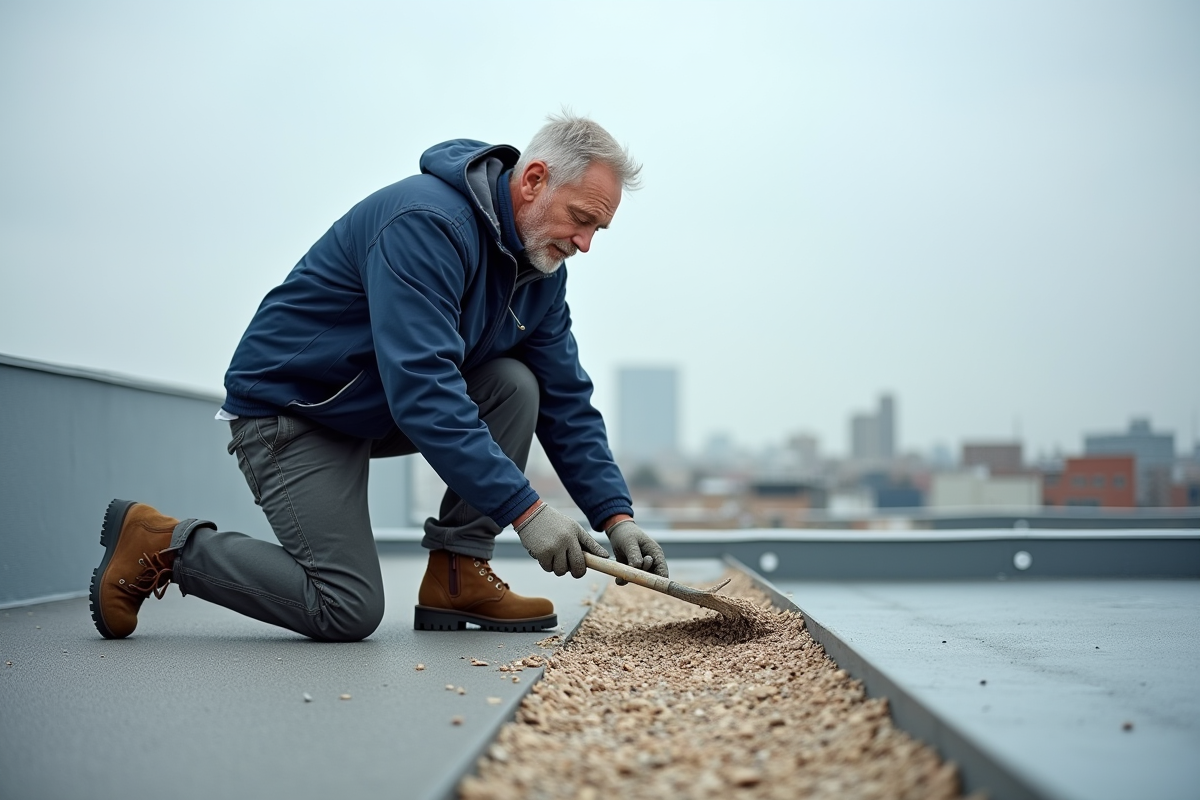 Ouvrier couvreur posant du gravier sur un toit moderne