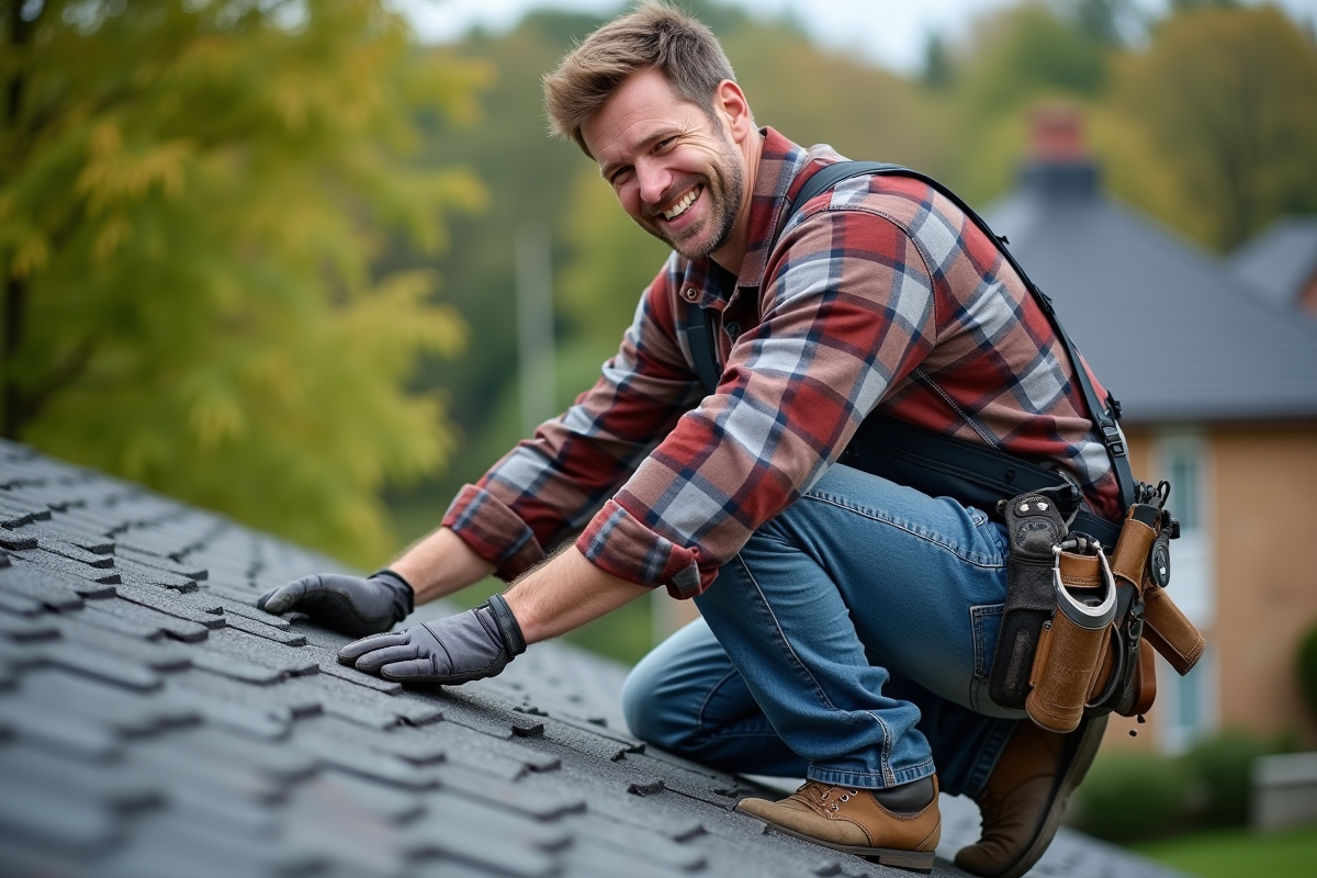 Ouvrier couvreur posant des ardoises sur un toit de banlieue