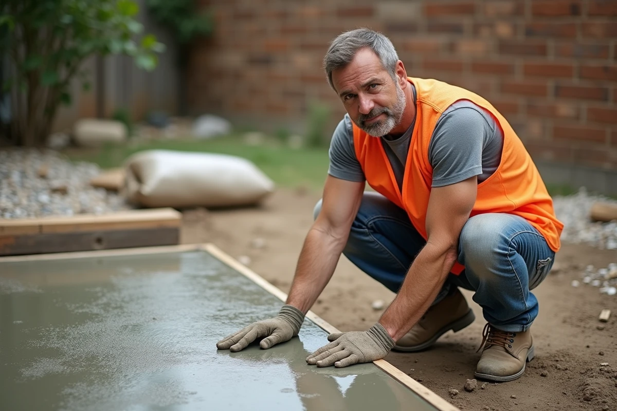 Ouvrier du bâtiment vérifiant la qualité d'une dalle béton fraîchement coulée dans un chantier résidentiel