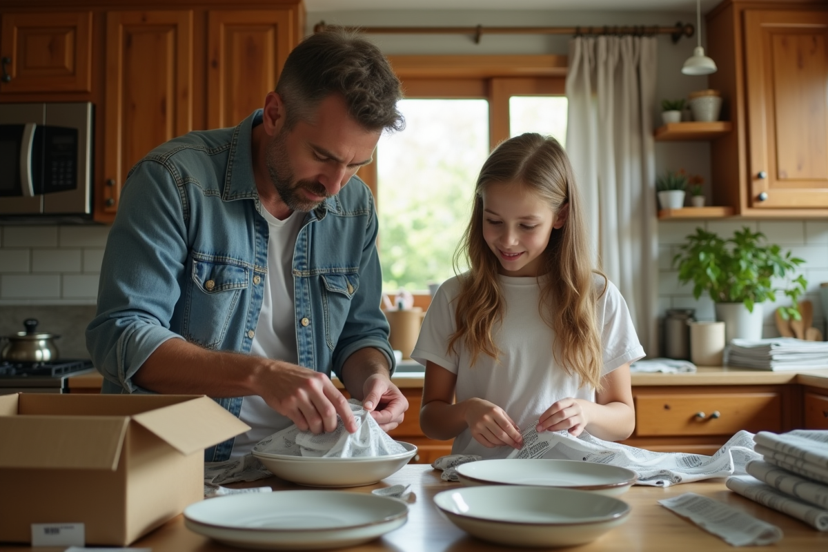 Père et fille emballant de la vaisselle dans la cuisine