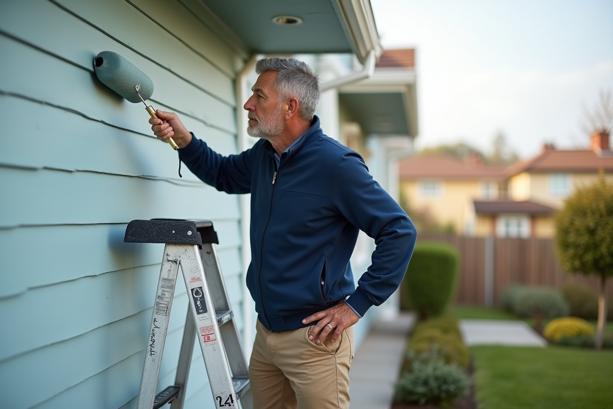 Homme peignant un mur extérieur de maison dans un jardin