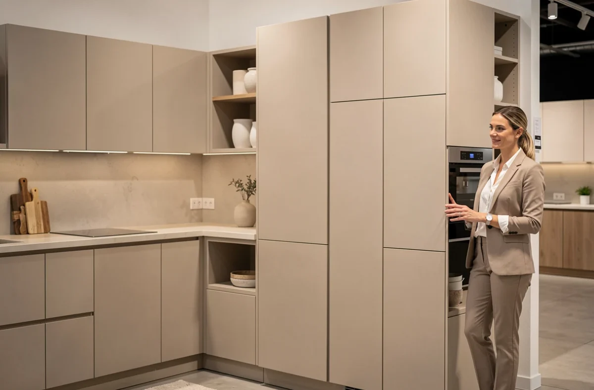 Showroom Perene Strasbourg avec cuisine contemporaine en beige cachemire mat et colonne de rangement intégrée présentée par une designer