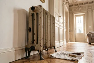 Radiateur fonte ancien avec pied réglable installé dans un appartement haussmannien rénové, parquet en chevrons et murs blancs