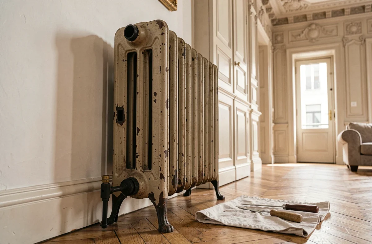 Radiateur fonte ancien avec pied réglable installé dans un appartement haussmannien rénové, parquet en chevrons et murs blancs