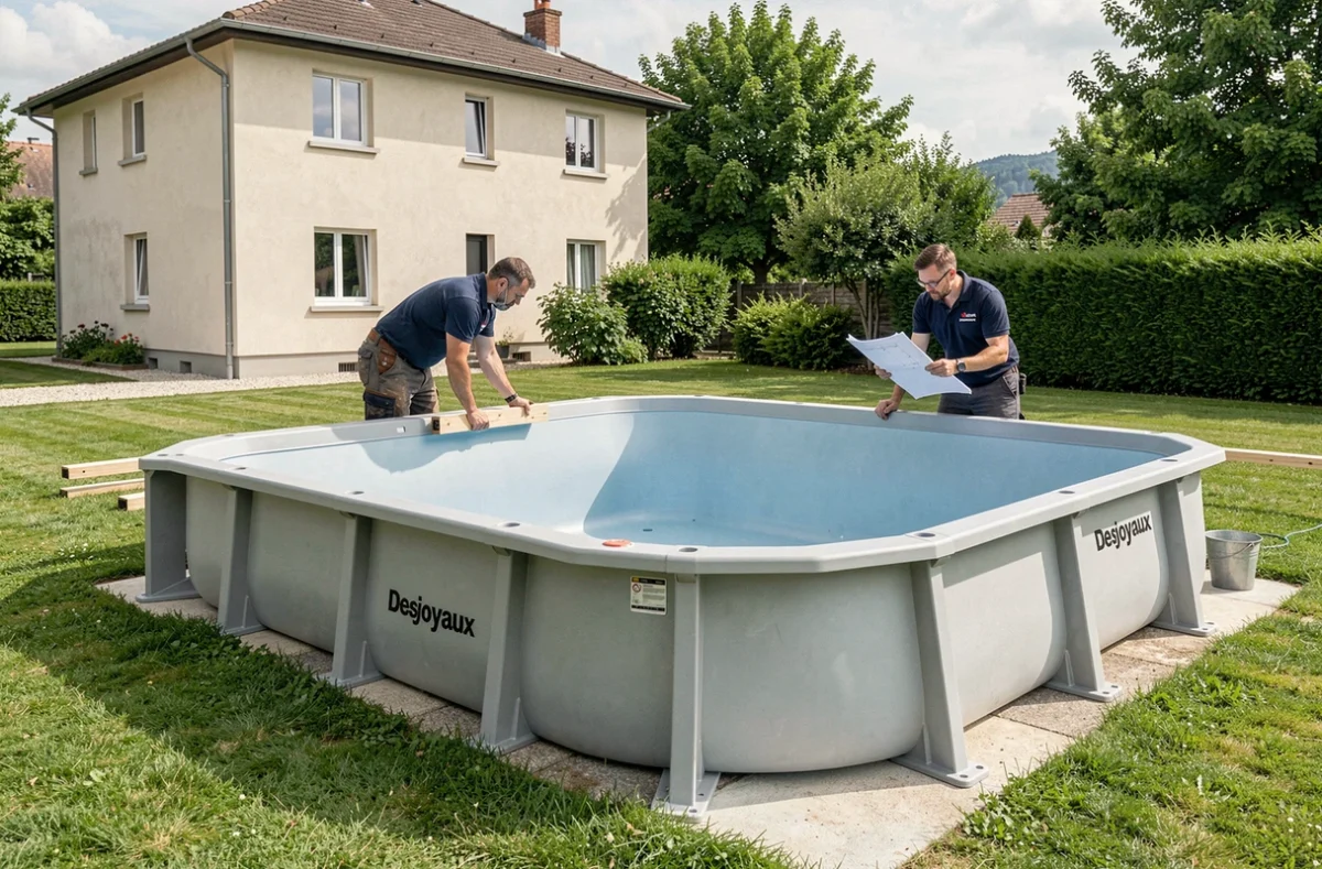 Techniciens Piscines Desjoyaux Annemasse assemblant les panneaux modulaires d'un bassin dans un jardin résidentiel