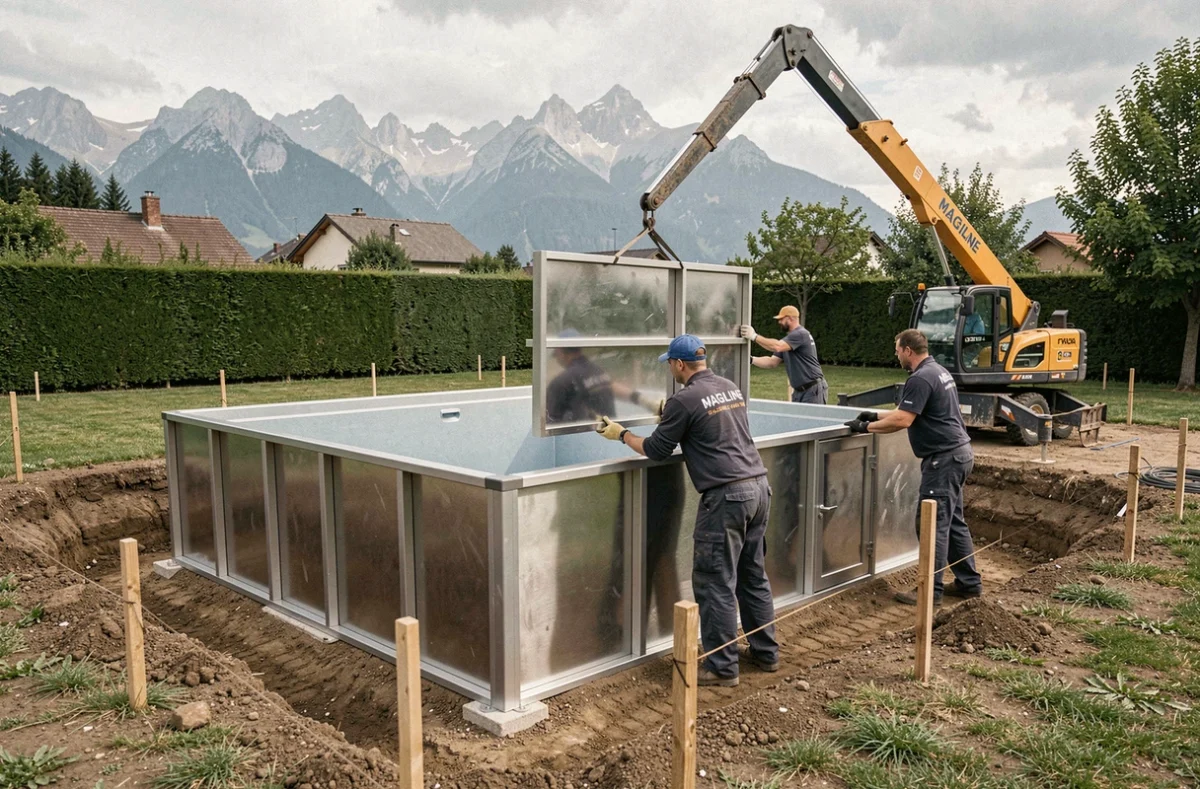 Équipe de Piscines Magiline Haute-Savoie installant les panneaux en acier d'un bassin modulaire dans un jardin résidentiel alpin