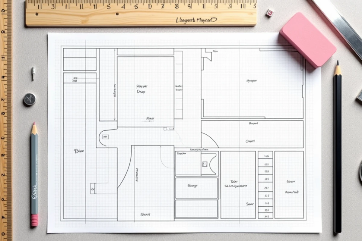 Vue aérienne d'un plan de dressing dessiné à la main sur papier millimétré entouré d'outils de dessin technique
