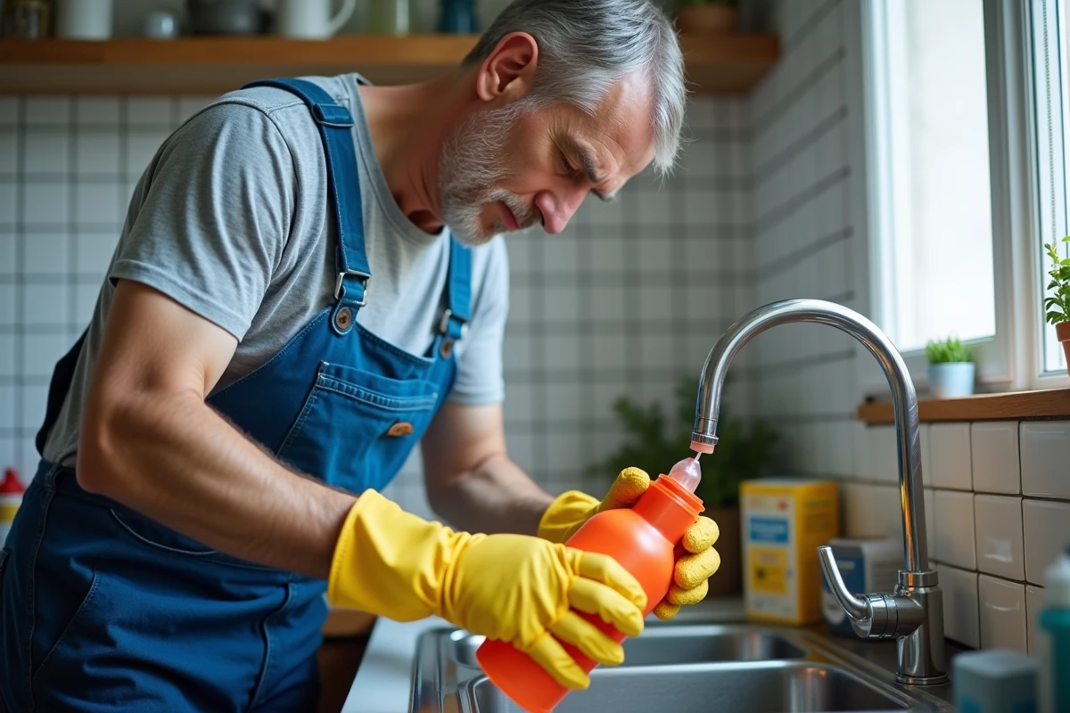 Plombier versant de l'acide chlorhydrique dans un évier de cuisine bouché avec des gants de protection