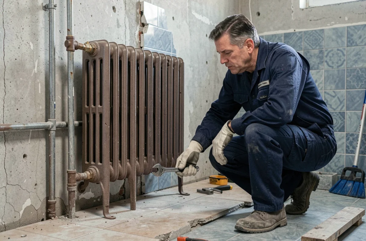 Plombier ajustant un pied de radiateur fonte réglable dans une salle de bain en cours de rénovation avec carrelage ancien