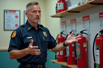 Pompiers en formation avec extincteurs en salle de sécurité