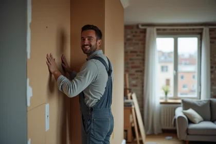 Homme en overalls posant des plaques de pl&acirc;tre dans un appartement